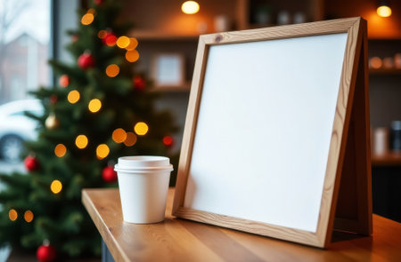 mockup of white billboard on wooden tabletop in coffee shop with coffee mug nearby, shelves with coffee and products in background and Christmas tree with garland, close up, side viewの素材