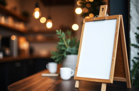 mockup of white billboard on wooden tabletop in coffee shop or cafe, shelves with coffee and products in background, close-up, side view, empty space for textの素材