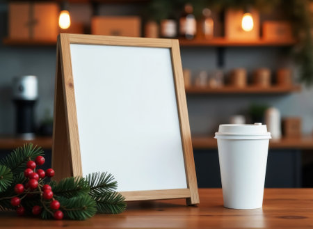 mockup of white billboard on wooden tabletop in coffee shop with coffee mug nearby, shelves with coffee and products in background and Christmas tree, close up, side viewの素材
