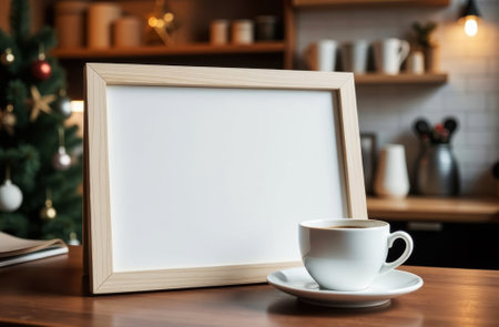 mockup of white billboard on wooden tabletop in coffee shop with coffee mug nearby, shelves with coffee and products in background and Christmas tree, close up, side viewの素材