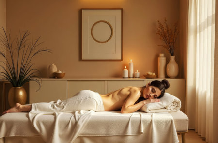 young beautiful woman resting and relaxing after wellness massage in spa salon, woman lying on lounger and relaxing and enjoying, close upの素材