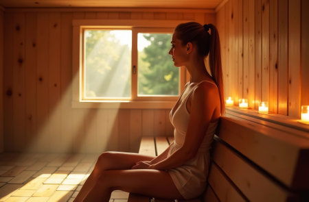 Young beautiful woman in white lingerie relaxing in sauna. Girl in sauna. Finnish sauna interior, classic wooden sauna with hot steam, close-upの素材