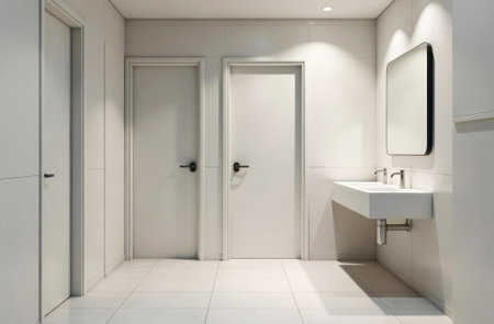 toilet and restroom interior for public place, toilet in supermarket or office building, bright white style for many cabins, close-upの素材