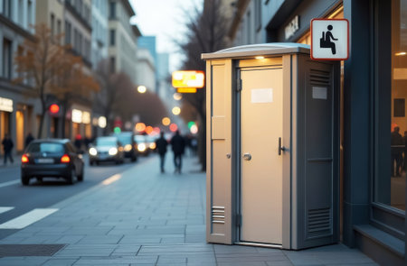 public outdoor toilet, modular bio-toilet cabin, public outdoor toilet universal solution in crowded places, on the street of a metropolis city, close-upの素材