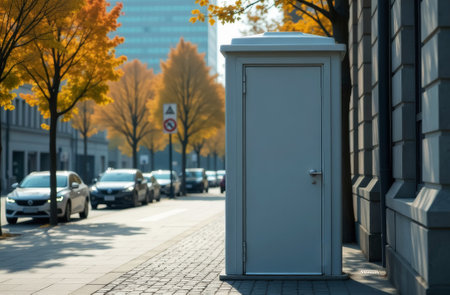 public outdoor toilet, modular bio-toilet cabin, public outdoor toilet universal solution in crowded places, on the street of a metropolis city, close-upの素材