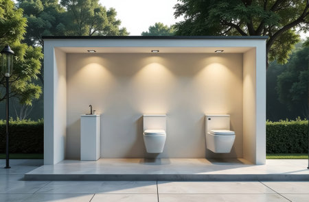 street installation public toilet without doors, toilet room with toilet on the street without doors, close-upの素材