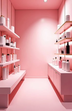 interior of perfume department of the store in pink tones, many shelves with cosmetics, eau de toilette, body creams, shampoos and others, all in magenta tones, concept of the store for womenの素材