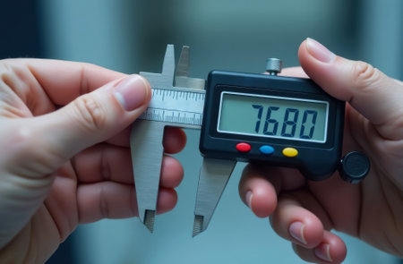 electronic digital caliper in human hands, scientific researchers in white coats taking measurements, measuring device concept, close-upの素材