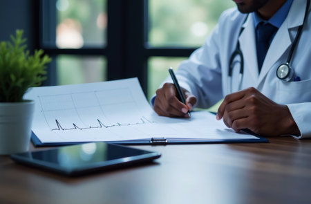 African American doctor writing on patient's chart and looking at electrocardiogram in front of him, close-up, hands close-upの素材