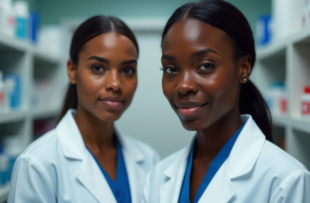 doctors or medical workers two women of afro appearance in white medical coats, in the background shelves with medicines, close-up bust portraitの素材