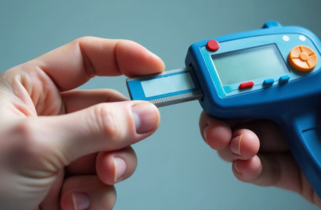 mockup electronic digital caliper in human hands, scientific researchers in white coats taking measurements, measuring instrument concept, close-upの素材