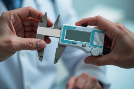 mockup electronic digital caliper in human hands, scientific researchers in white coats taking measurements, measuring instrument concept, close-upの素材