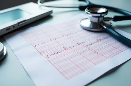 printed electrocardiogram of a sick patient lies on a wooden table, stethoscope lies nearby, close-upの素材