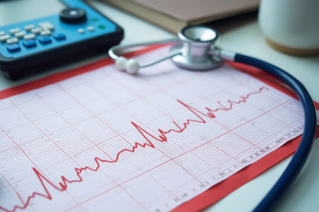 printed electrocardiogram of a sick patient lies on a wooden table, stethoscope lies nearby, close-upの素材
