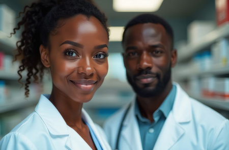 doctors or medical workers man and woman of afro appearance in white medical coats, shelves with medicines in the background, close-up bust portraitの素材