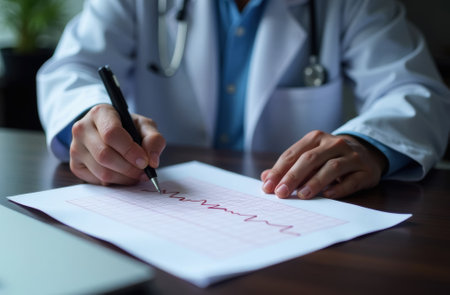 doctor sitting at table writing in patient's card and looking at electrocardiogram lying in front of him, close-up, hands close-upの素材