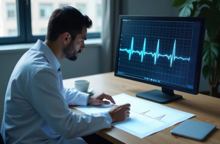 the doctor is sitting at the table and looking at the electrocardiogram lying in front of him, there is a large monitor in front of him, a cup of coffee next to him, close-up side viewの素材