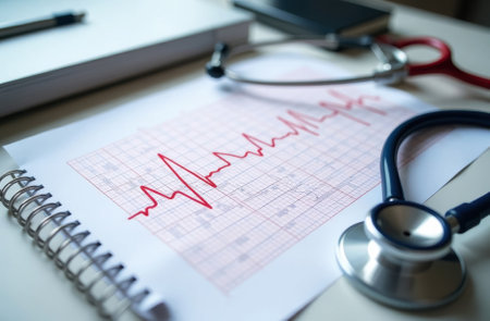 printed electrocardiogram of a sick patient lies on a wooden table, stethoscope lies nearby, close-upの素材