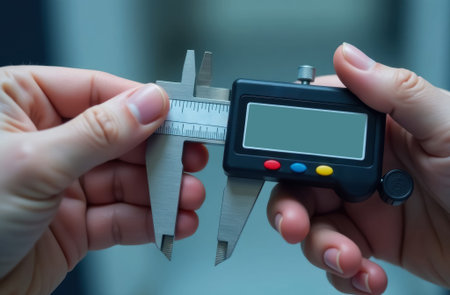 mockup electronic digital caliper in human hands, scientific researchers in white coats taking measurements, measuring instrument concept, close-upの素材