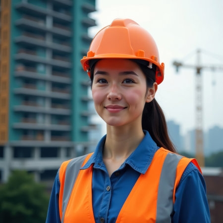 young female engineer or construction worker at construction site wearing orange vest and orange construction helmet, building under construction and tower crane in background, bust portrait, close-upの素材
