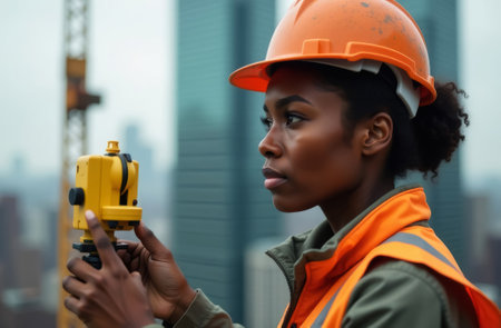 African American female contractor or builder standing with theodolite or level at construction site, taking topographic measurements at construction site near building under construction, close upの素材