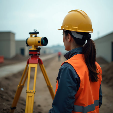 female contractor or builder standing with theodolite or level at construction site, making topographic measurements at construction site, close-upの素材