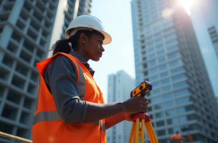 African American female contractor or builder standing with theodolite or level at construction site, taking topographic measurements at construction site near building under construction, close upの素材