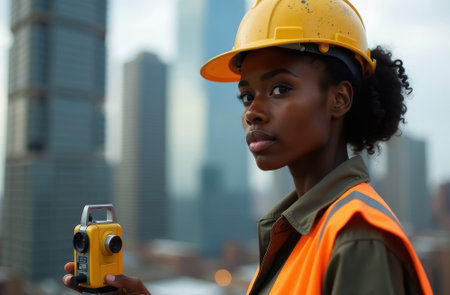 African American female contractor or builder standing with theodolite or level at construction site, taking topographic measurements at construction site near building under construction, close upの素材