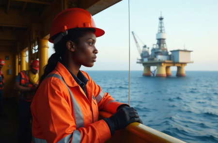 African American female driller on offshore oil platform, wearing orange hard hat and overalls, floating oil drilling platform for hydrocarbon and oil production in background, close-upの素材