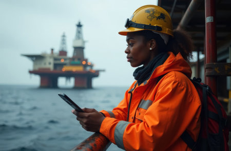 African American female driller on offshore oil platform, wearing orange hard hat and overalls, floating oil drilling platform for hydrocarbon and oil production in background, close-upの素材