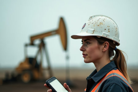 young female engineer geologist oil worker exploring oil and gas hydrocarbon deposits, in orange vest, oil well in background, close-up portraitの素材