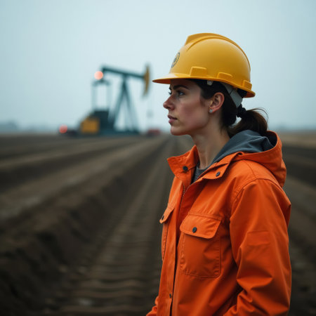 young female engineer geologist oil worker exploring oil and gas hydrocarbon deposits, in orange overalls, oil well in the background, close-up portraitの素材