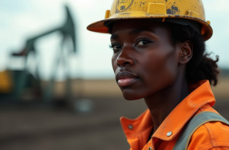 African American female engineer geologist petroleum worker exploring oil and gas hydrocarbon deposits, oil well in the background, close-up portraitの素材