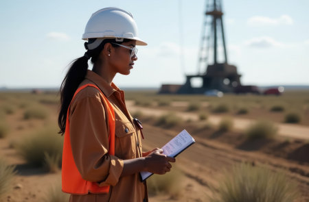 African American female engineer geologist petroleum worker exploring oil and gas hydrocarbon deposits, oil well in the background, close-up portraitの素材