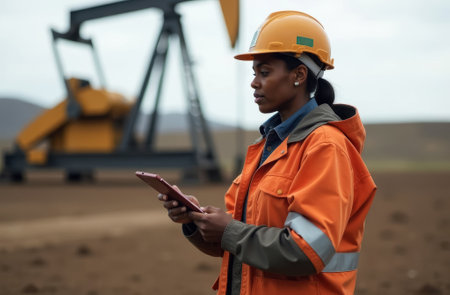 African American female engineer geologist petroleum worker exploring oil and gas hydrocarbon deposits, oil well in the background, close-up portraitの素材