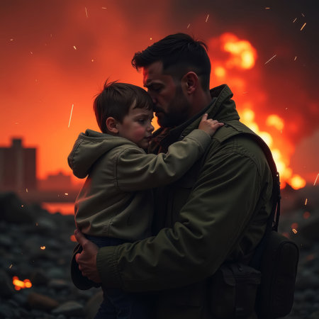 male soldier in overcoat holds rescued little boy in his arms, in the background destroyed city on fire, sparks from fire, close-up, bust portraitの素材