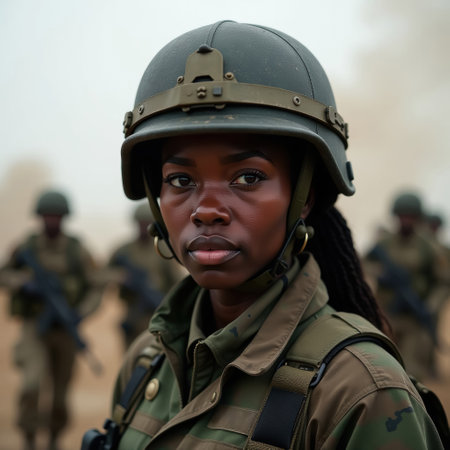 African American female warrior in military uniform and helmet, letters "press" on helmet, military with weapons in background, close-up portraitの素材