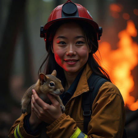 brave asian female firefighter in firefighting gear of rescue service holding rescued baby squirrel in her arms, burning forest and big fires in the background, close-upの素材