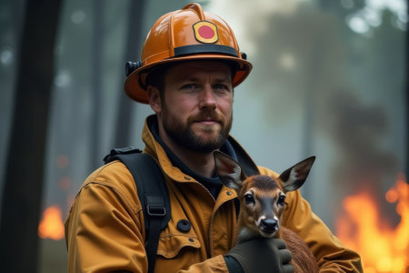 brave male firefighter in firefighting gear and rescue service helmet holding rescued kitten in his arms, burning forest and large fires in the background, close-upの素材