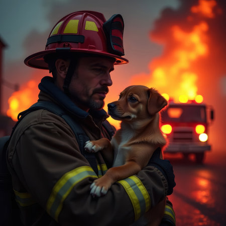 firefighter in firefighting gear and rescue helmet holding rescued puppy, big fire and fire truck in background, close upの素材