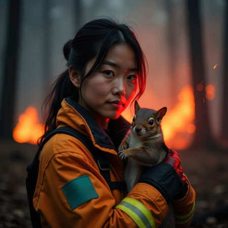brave asian female firefighter in firefighting gear of rescue service holding rescued baby squirrel in her arms, burning forest and big fires in the background, close-upの素材