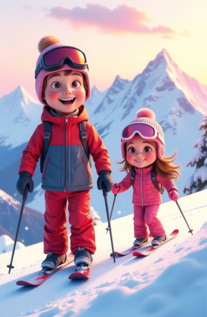 cartoon young teenagers boy and girl skiing in ski suits at ski resort with high mountains in the background, lots of snow, everyone happy and smiling, close-up full lengthの素材