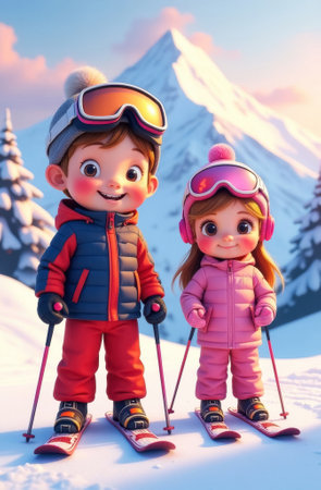 cartoon young teenagers boy and girl skiing in ski suits at ski resort with high mountains in the background, lots of snow, everyone happy and smiling, close-up full lengthの素材