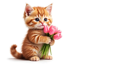 cute striped white and brown fluffy kitten holding a bouquet of pink tulips in its paws, birthday greeting card, holiday greeting card for women, close-up clipart on white backgroundの素材
