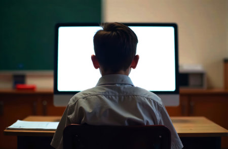 schoolboy boy in gray shirt sitting at desk in classroom in front of computer monitor, computer monitor mockup, close-up view from backの素材