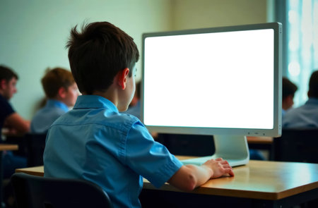 school boy in blue shirt sitting at desk in classroom in front of computer monitor, computer monitor mockup, close-up view from backの素材