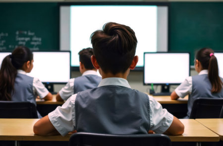 schoolboy boy in white shirt and gray vest sits at desk in classroom in front of computer monitor, computer monitor mockup, close-up view from backの素材