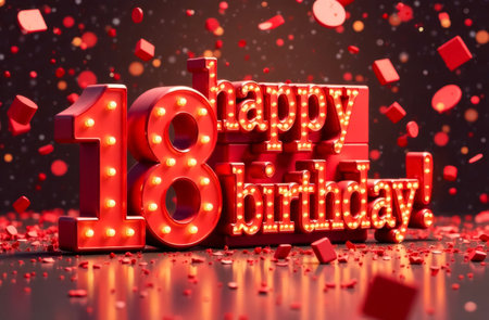 red volumetric glowing 3d letters happy birthday and number 18, flying red confetti and bokeh, greeting card happy 18th anniversaryの素材