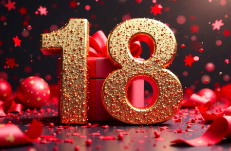 red gift box and big 3d number 18 with flying red confetti, gift greeting cardの素材