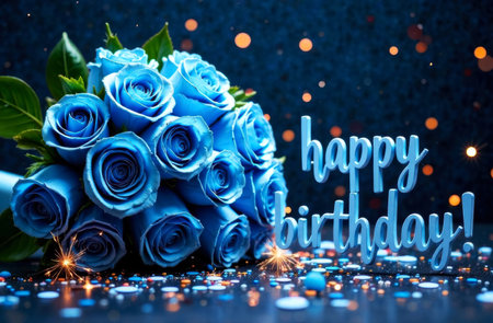 greeting card with a picture of a large bouquet of blue roses and blue letters happy birthday, in the background is a beautiful glowing bokehの素材